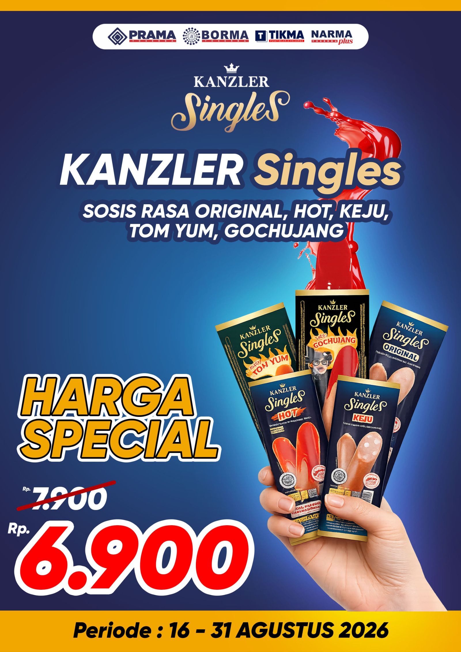 Promo KANZLER Singles rasa Original, Hot, Keju, Tom Yum, Gochujang.